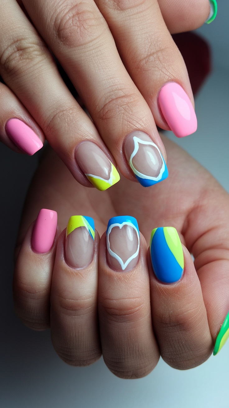 Colorful negative space nail art featuring pastel pink, blue, and yellow designs