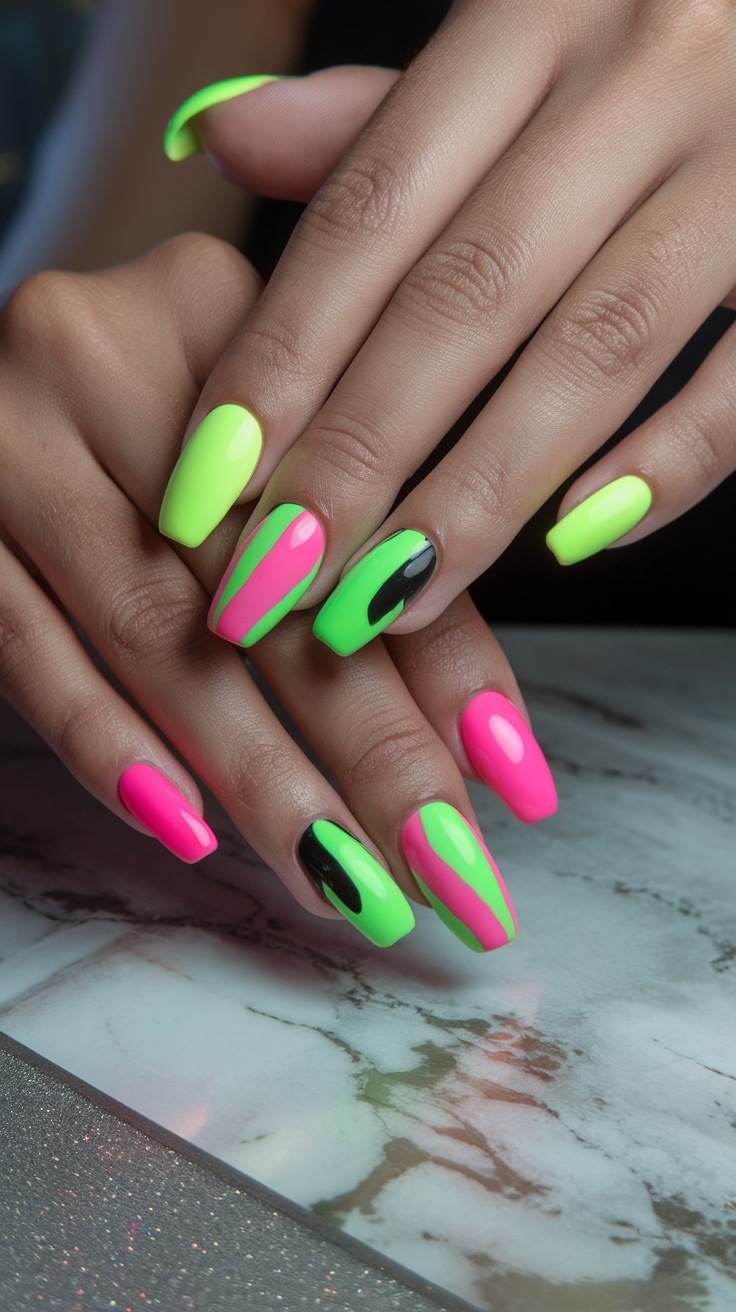 Close-up of hands with neon painted nails in green, pink, and black.