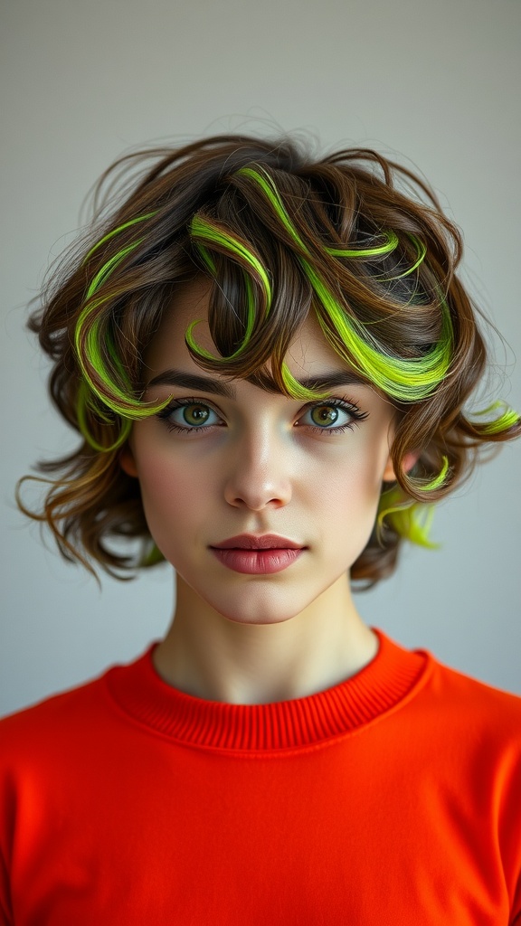 A model with short hair featuring neon green accent tips and wearing an orange top.