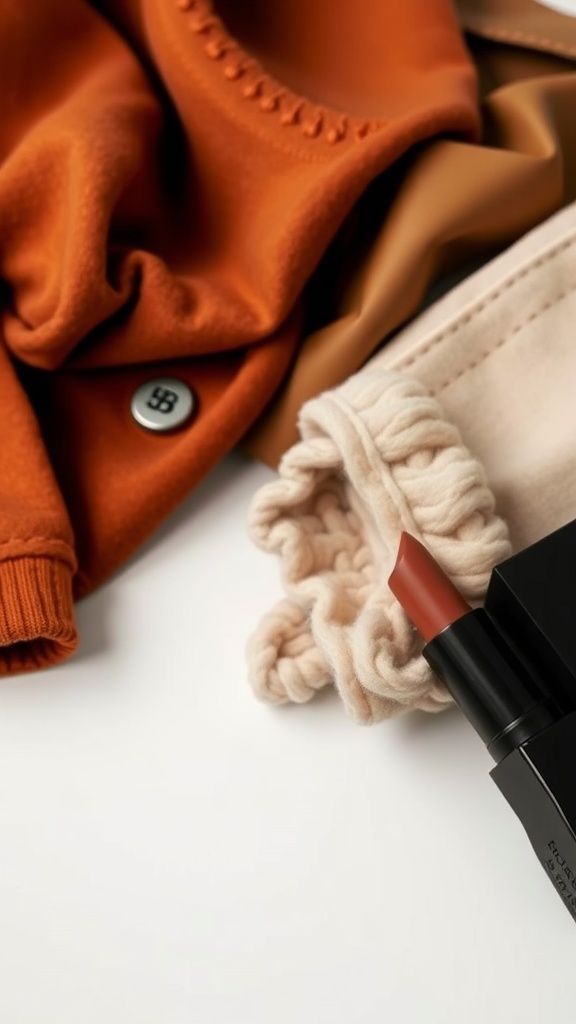A neutral brown lipstick placed next to cozy orange and beige fabrics.