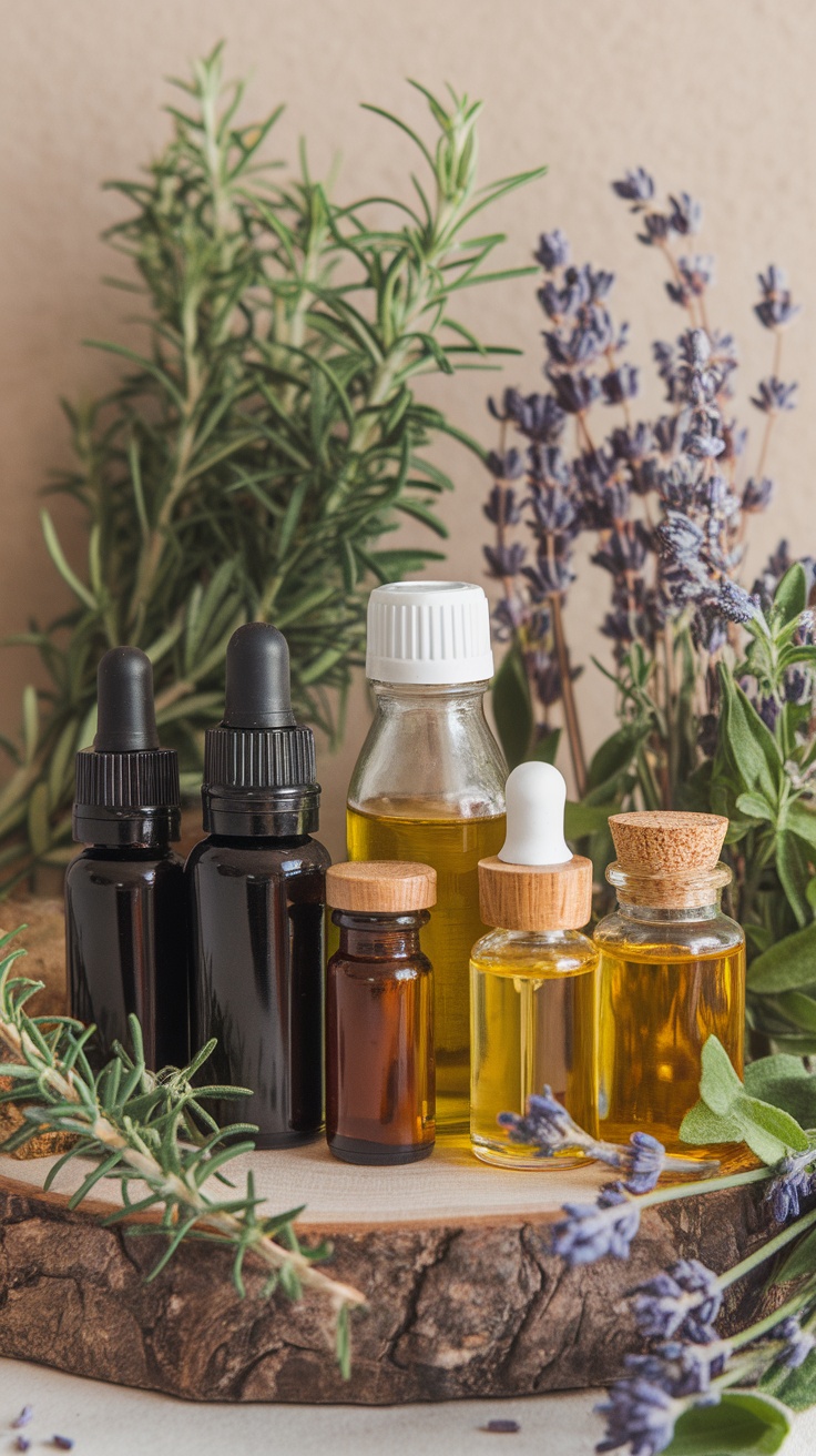 A variety of natural oils and fresh herbs displayed on a wooden surface.