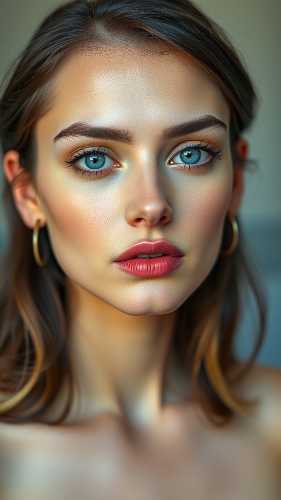 Close-up of a model with blue eyes and brunette hair wearing nude makeup and glossy lips.