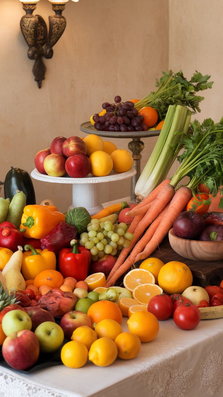 A vibrant display of assorted fruits and vegetables, showcasing apples, oranges, grapes, carrots, and more.