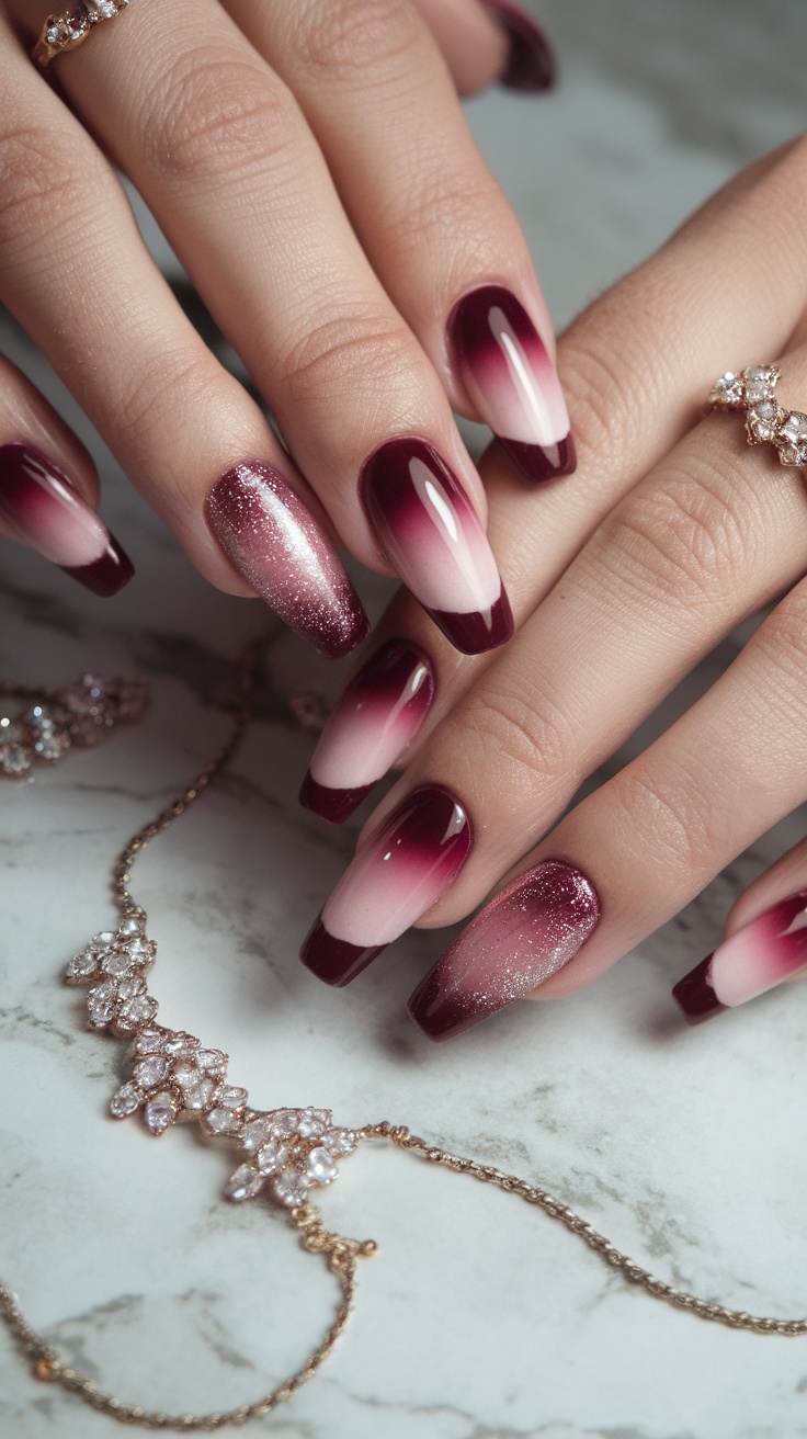 Close-up of hands with ombre nail design featuring burgundy and pink colors beside a delicate gold necklace.