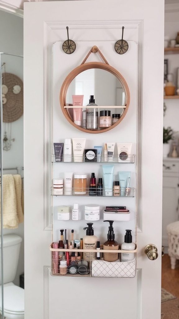 A door with clear shelves holding various beauty products and hooks for bags.