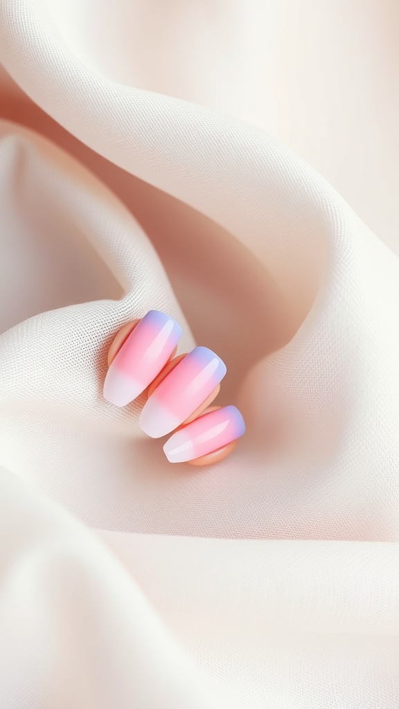 Pastel ombré nail design featuring pink and blue gradient on short nails.