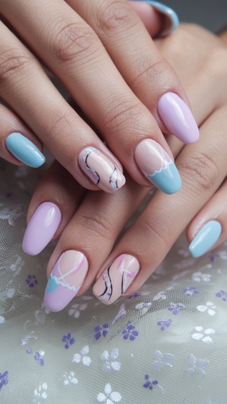 Nails painted in pastel colors featuring lavender, light blue, and soft pink with artistic designs.