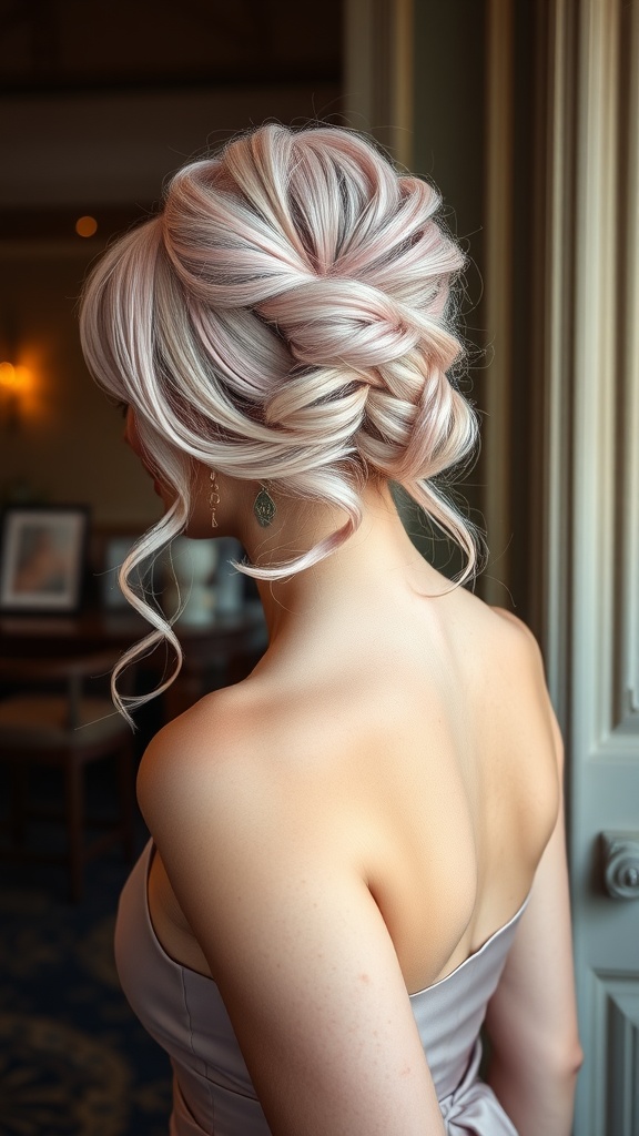 A woman with pastel pink half-updo hairstyle, showcasing elegant twists and loose curls, with a soft-focus background.