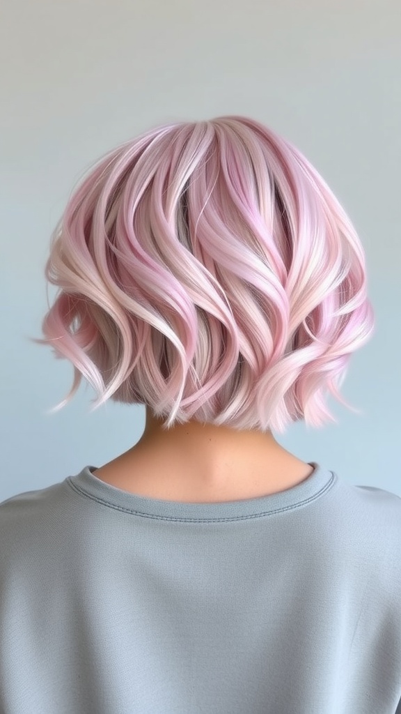 Short pastel pink ombre hairstyle with wavy texture