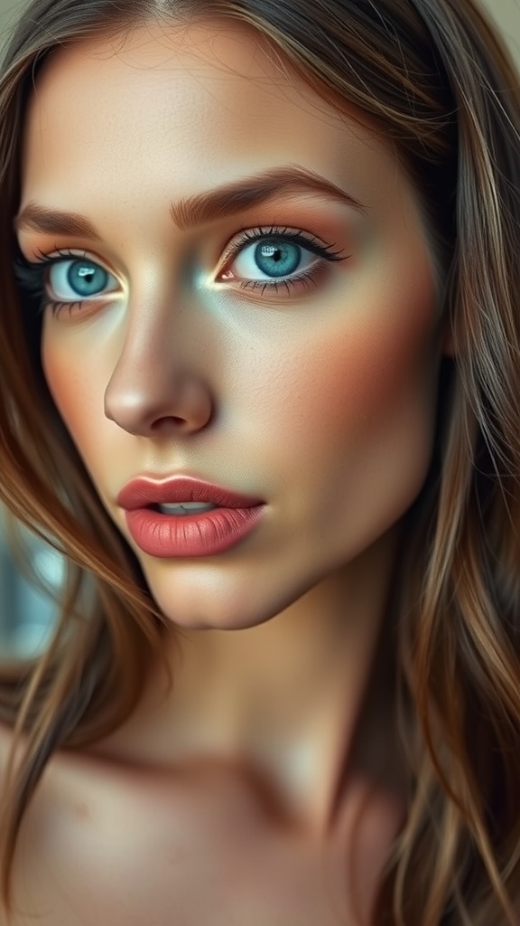 Close-up of a model with blue eyes and peachy coral makeup on cheeks and lips.