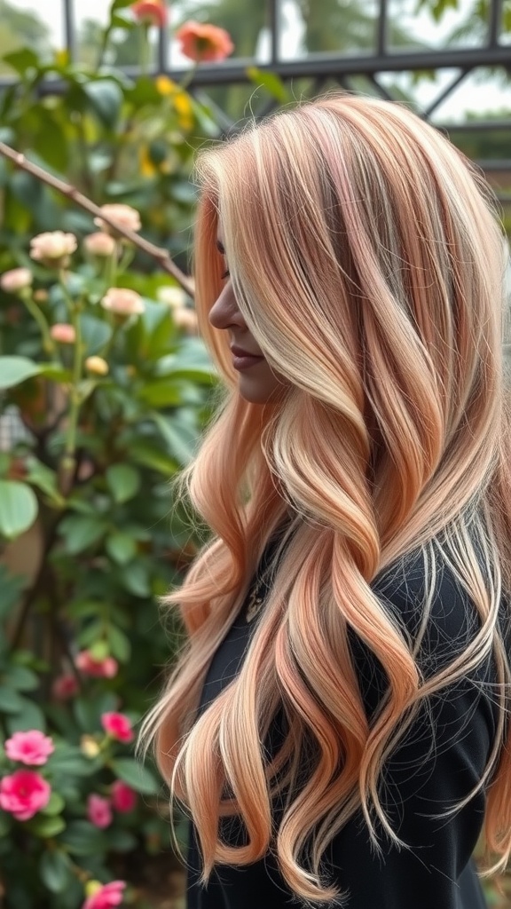 A woman with long peachy pink hair standing in front of flowers.