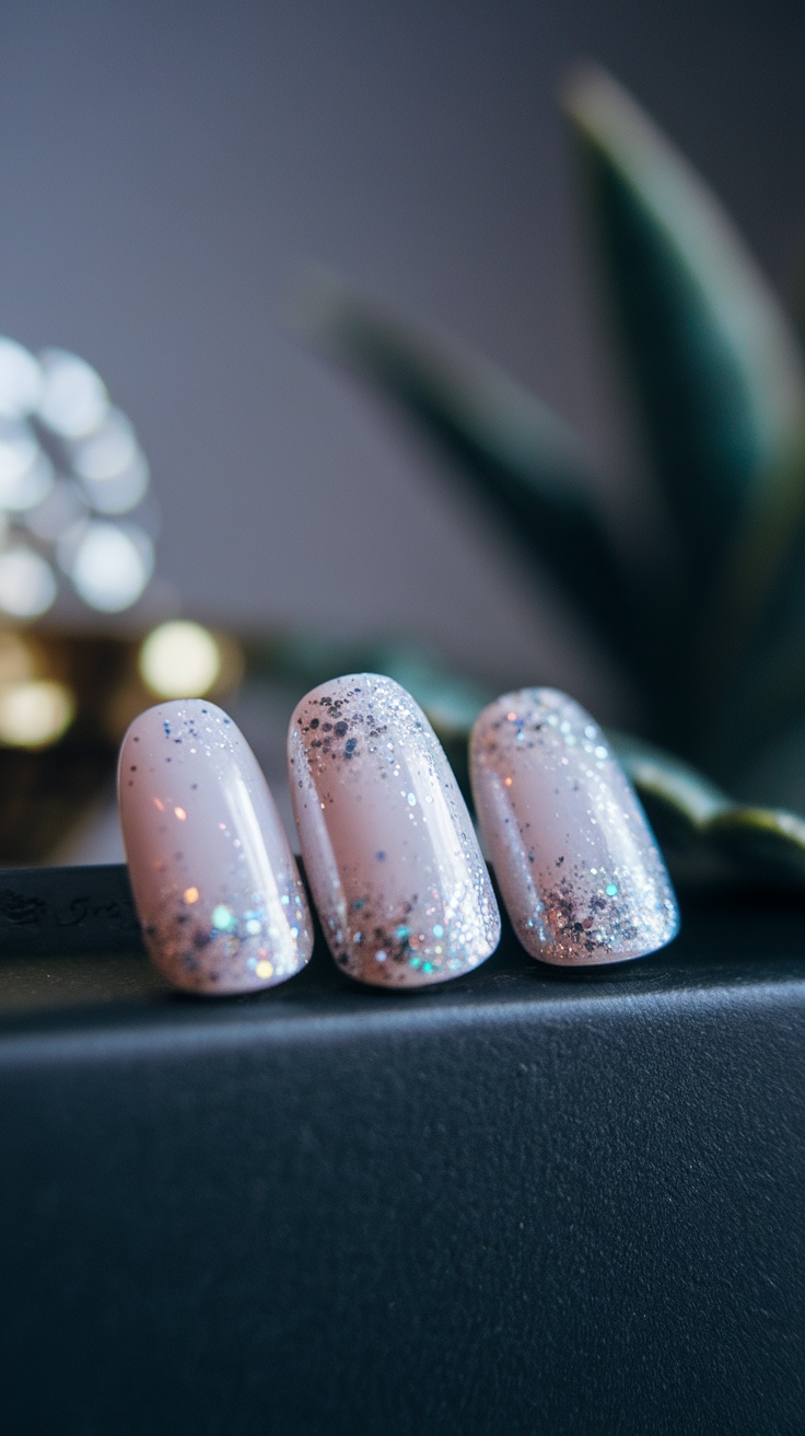 Three pearl white nails with glitter accents on a black surface