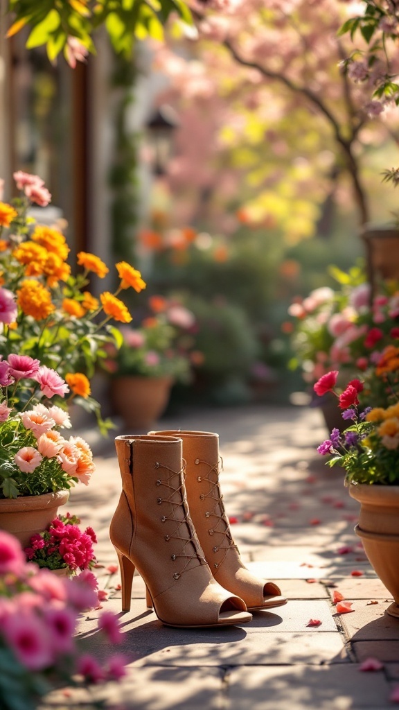 A pair of tan peep-toe boots surrounded by colorful flowers in a garden setting.