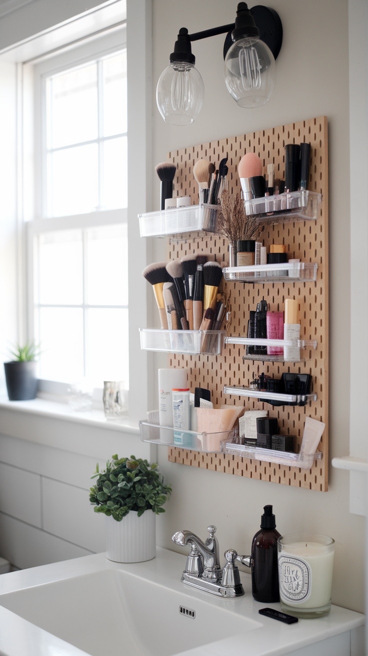 A stylish pegboard beauty bar setup displaying various beauty products on shelves in a small space.