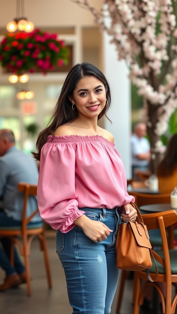 A woman wearing a pink off-the-shoulder blouse and jeans, smiling at a cafe.