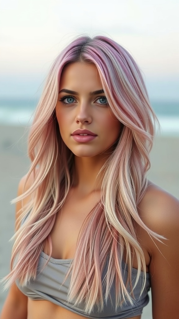 Woman with pink ombre hair with blonde ends, standing outdoors by the beach.