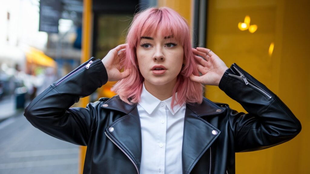 A photo of a woman with pink hair. She is wearing a black leather jacket and a white shirt. She is standing in a street with a yellow background. The lighting is bright.