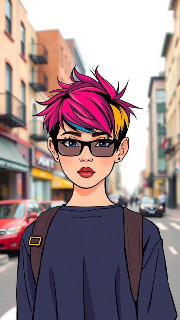 A character with a pink and yellow pixie cut wearing sunglasses in a city street