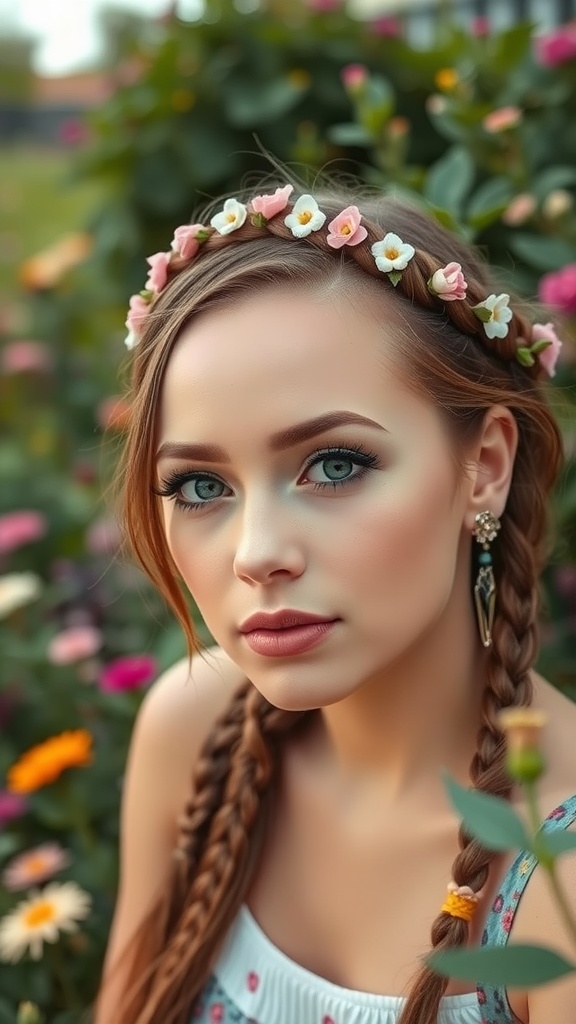 A woman with a playful braided crown hairstyle surrounded by flowers.