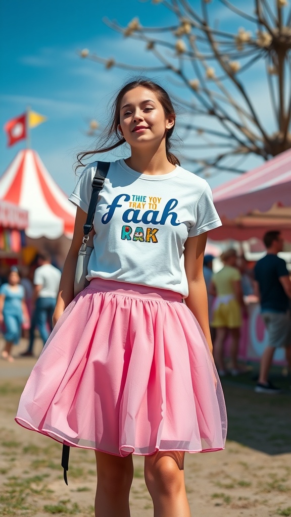 Woman wearing a pink skirt and graphic tee at a spring festival.