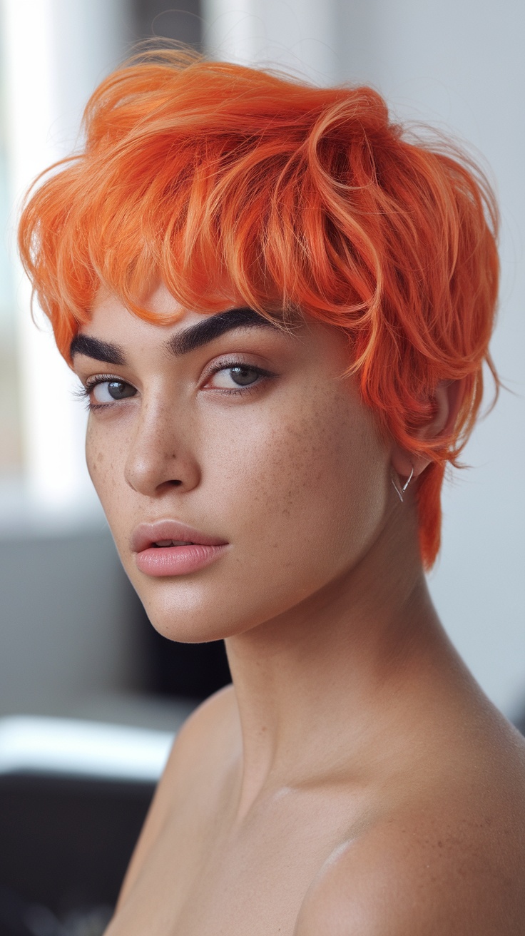 A woman with a playful pixie cut and curly bangs, featuring vibrant orange hair.