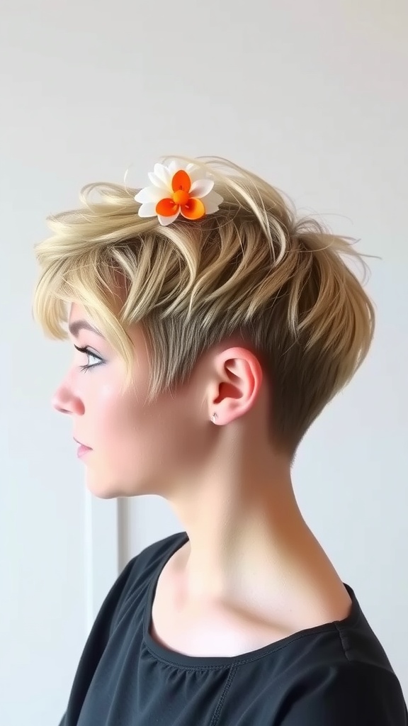 A side profile of a woman with a playful pixie haircut featuring textured layers and a flower accessory.