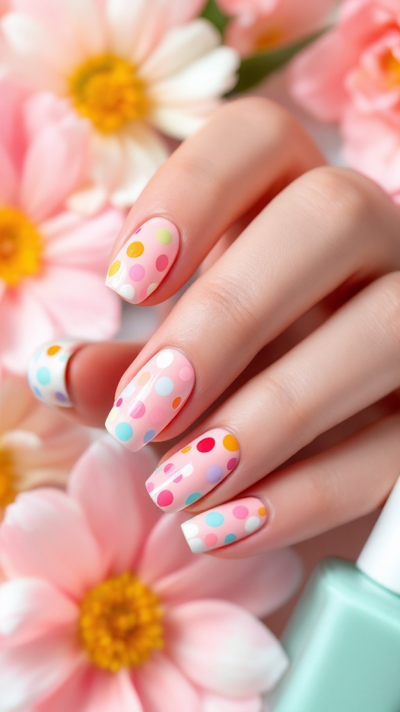 A hand with playful polka dot nail art on a pastel pink background, surrounded by flowers.