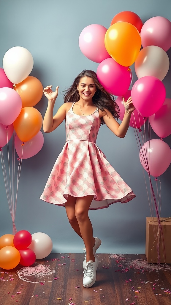 A woman in a pink checkered skater dress, holding balloons and smiling