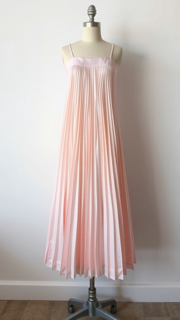 A pleated midi skirt in soft pastel colors hanging on a mannequin.