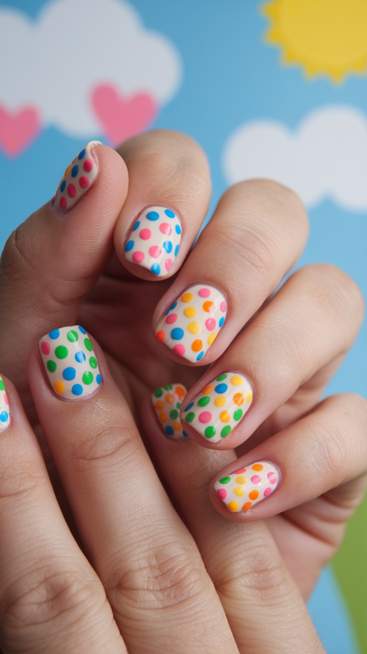 Colorful polka dot nail art on hands with a cheerful background