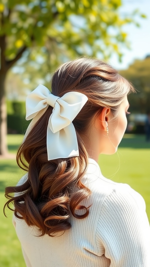 A back view of a woman with a ponytail secured with a large bow in a sunny outdoor setting.