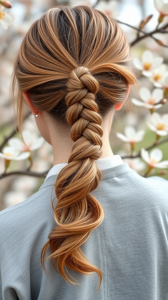 A stylish knotted ponytail with wavy ends, set against a backdrop of blooming flowers.