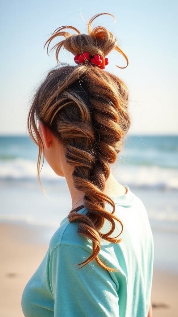 A woman with a ponytail and beachy waves, standing by the ocean.