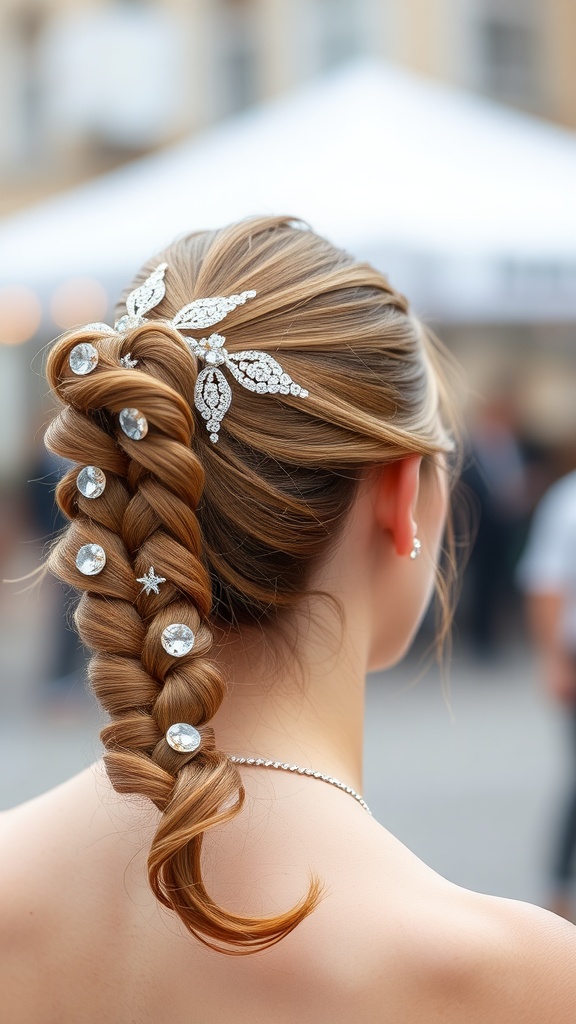 A stylish ponytail adorned with shimmering hair accessories, featuring braided elements and decorative clips.