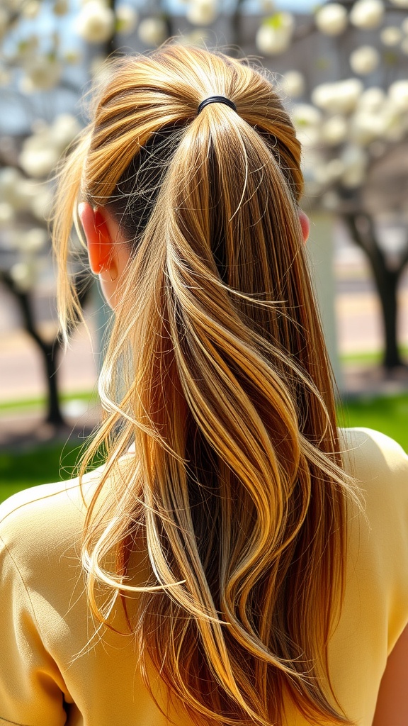 A close-up view of a ponytail hairstyle with highlighted strands