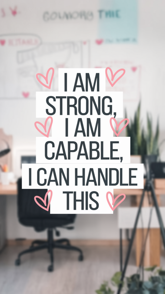 A photo of a whiteboard with the text "I am strong, I am capable, I can handle this". There are pink hearts drawn around the text. The background is blurred and contains a desk, a chair, and a plant.