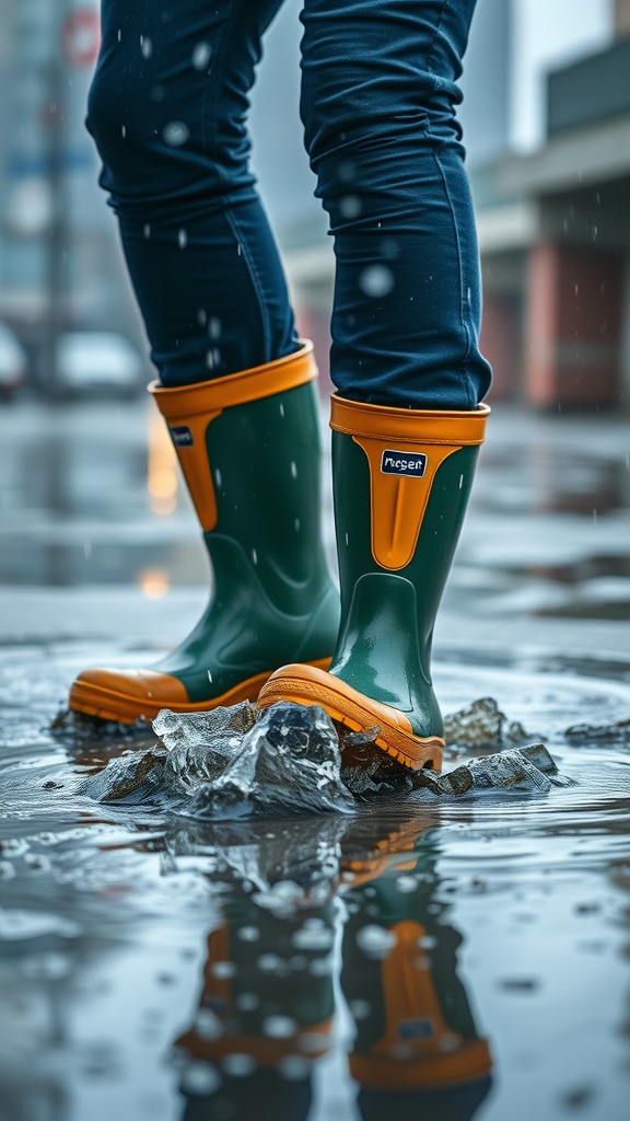 A person wearing green rubber rain boots with orange accents, standing in a puddle on a rainy day.