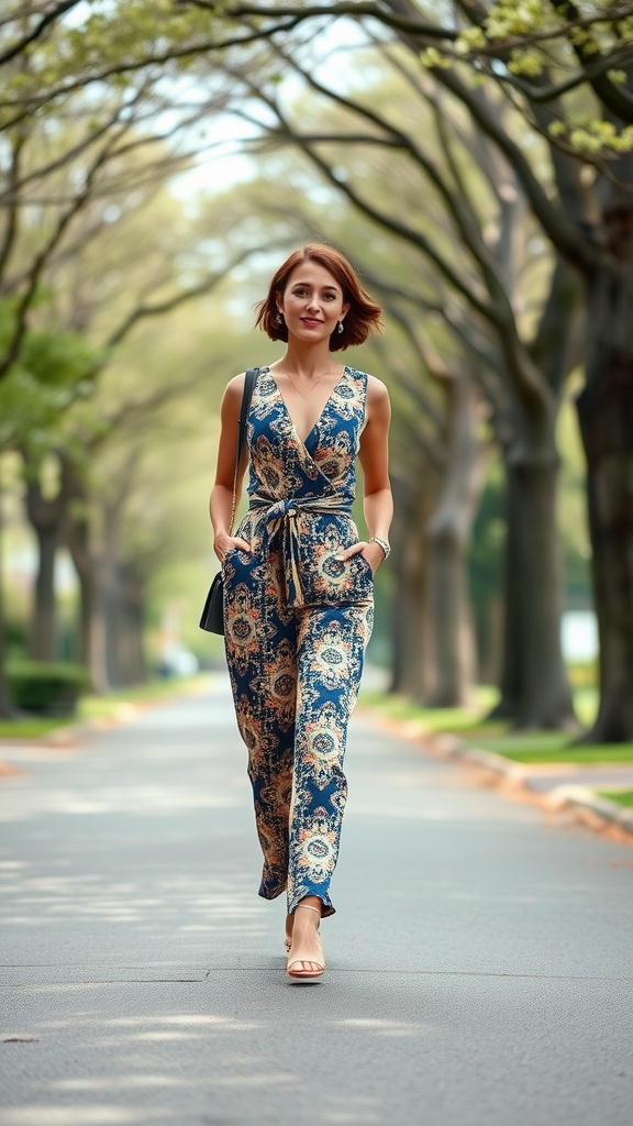 A woman wearing a printed jumpsuit and heeled sandals, walking down a tree-lined street in spring.