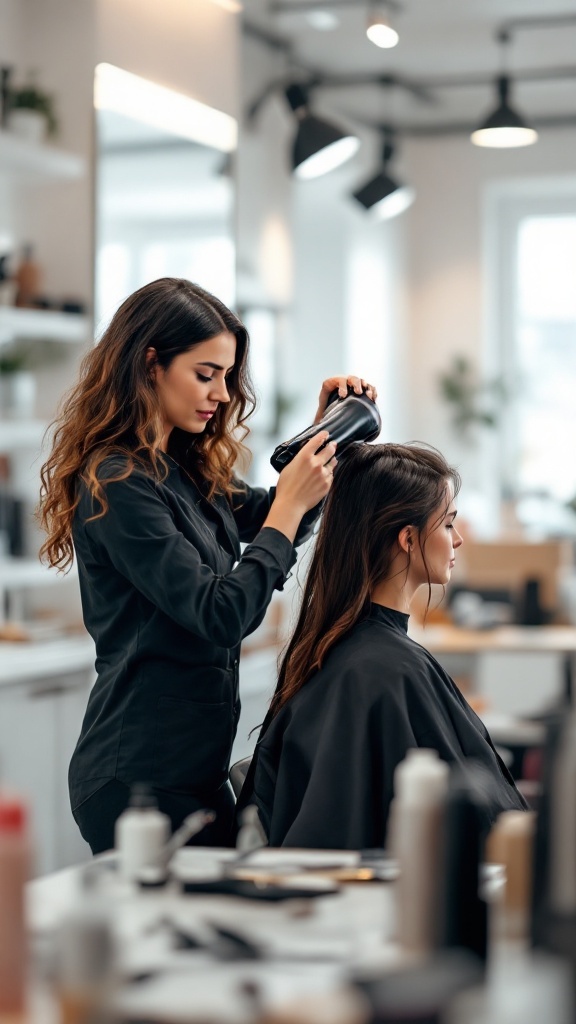 A stylist blow-drying a client's hair in a salon setting.