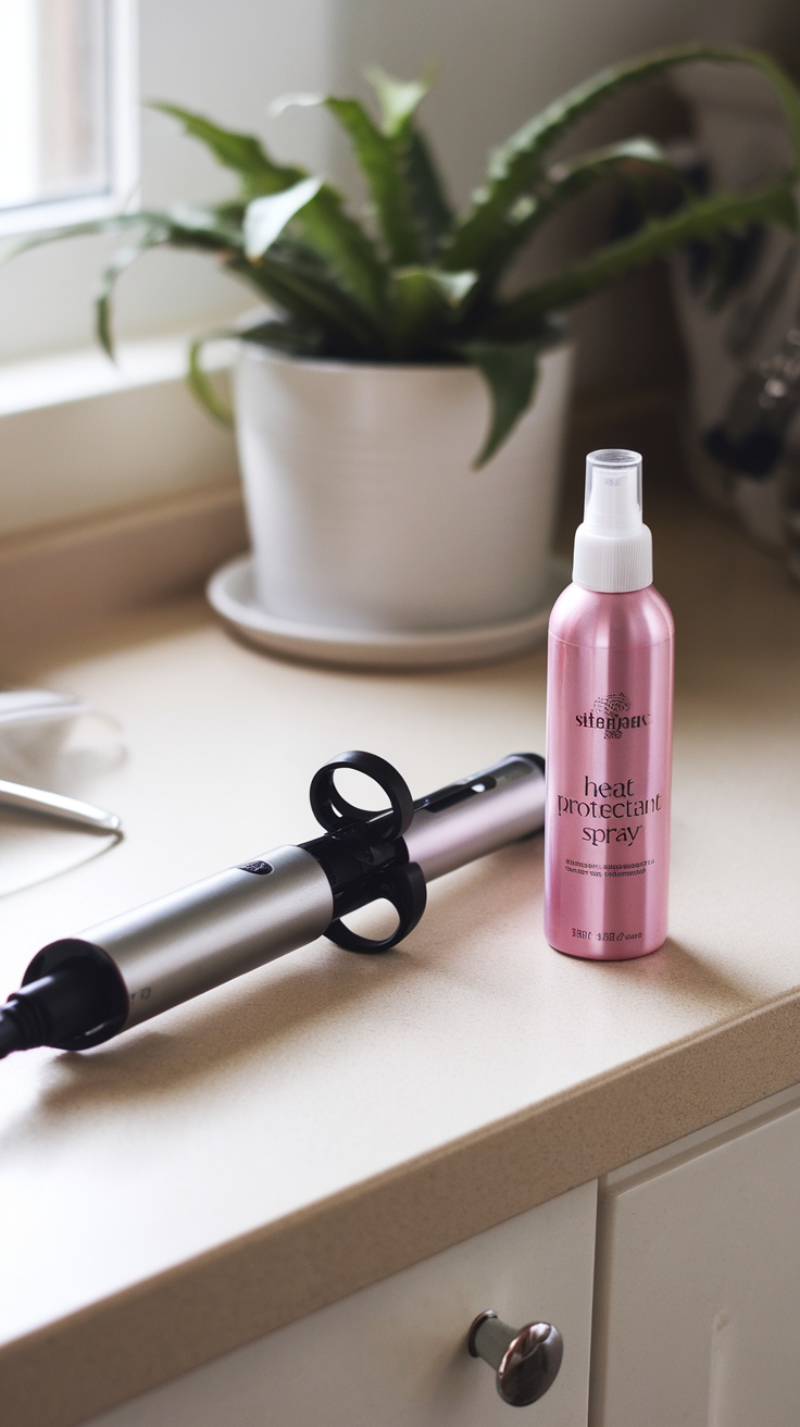 A curling iron and a bottle of heat protectant spray on a countertop with a plant in the background.