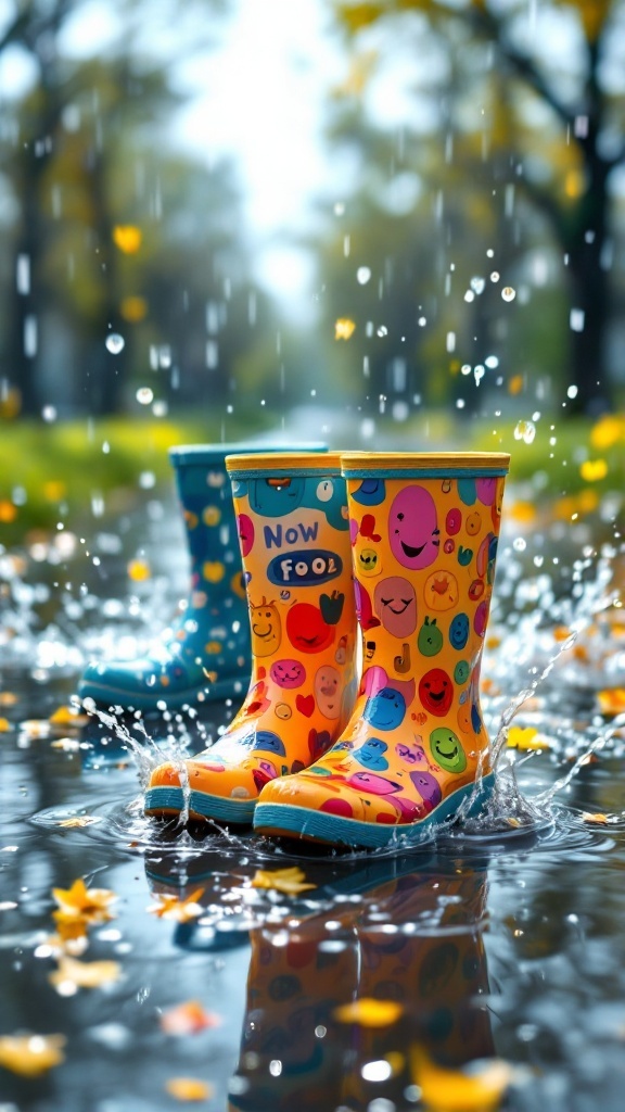 Colorful rain boots with smiley face designs splashing in puddles