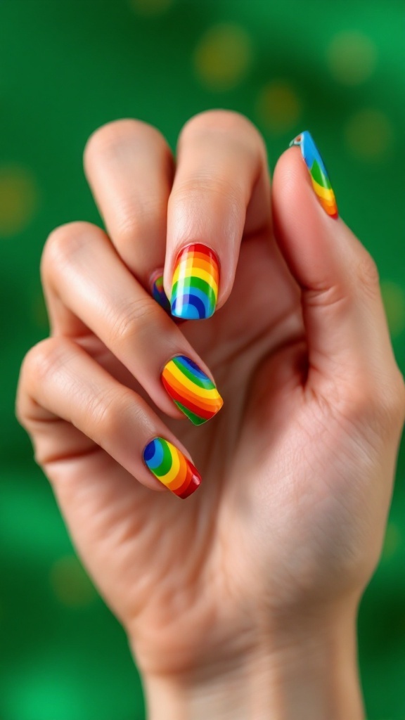 Colorful rainbow nail design for St. Patrick's Day