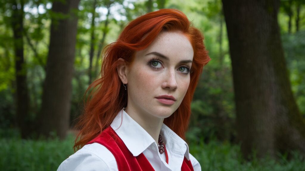 A medium shot of a woman with bright red hair. She has green eyes and wears a white shirt and a red vest. The background is a lush green forest with tall trees. The lighting is soft.