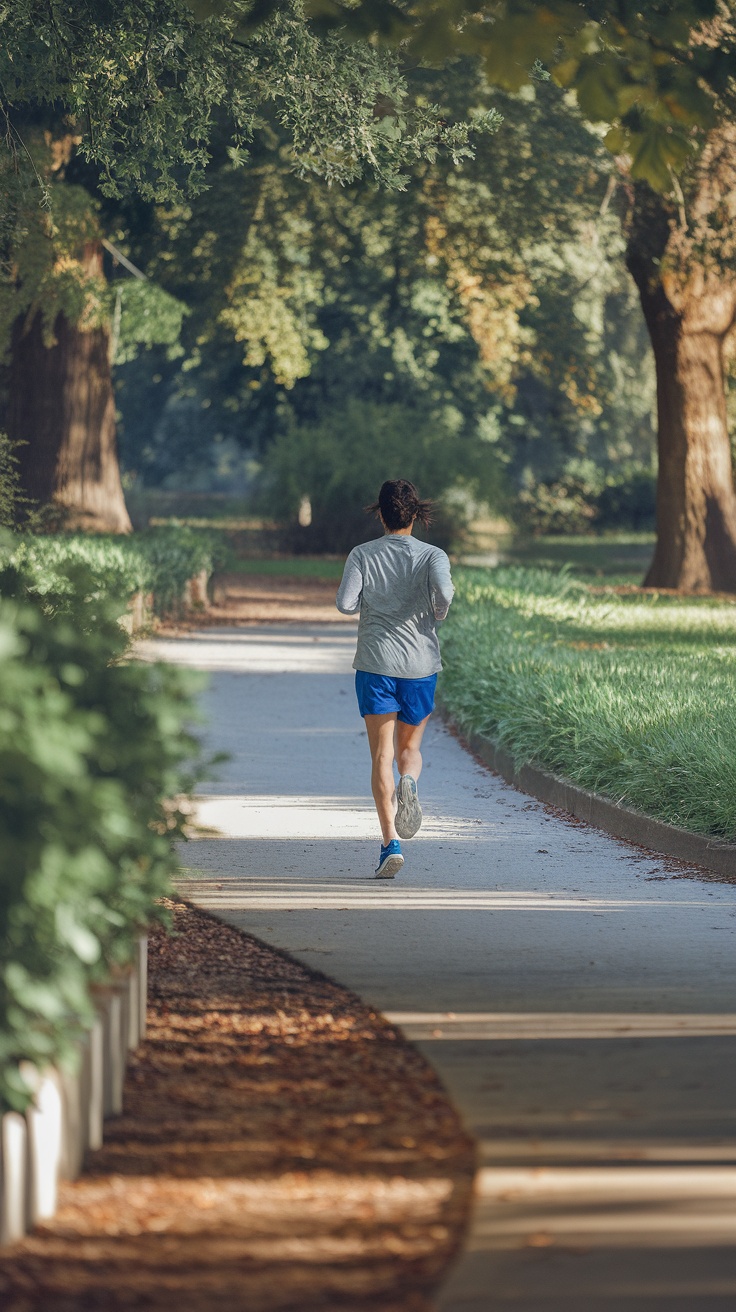 A person jogging on a path surrounded by trees and greenery.