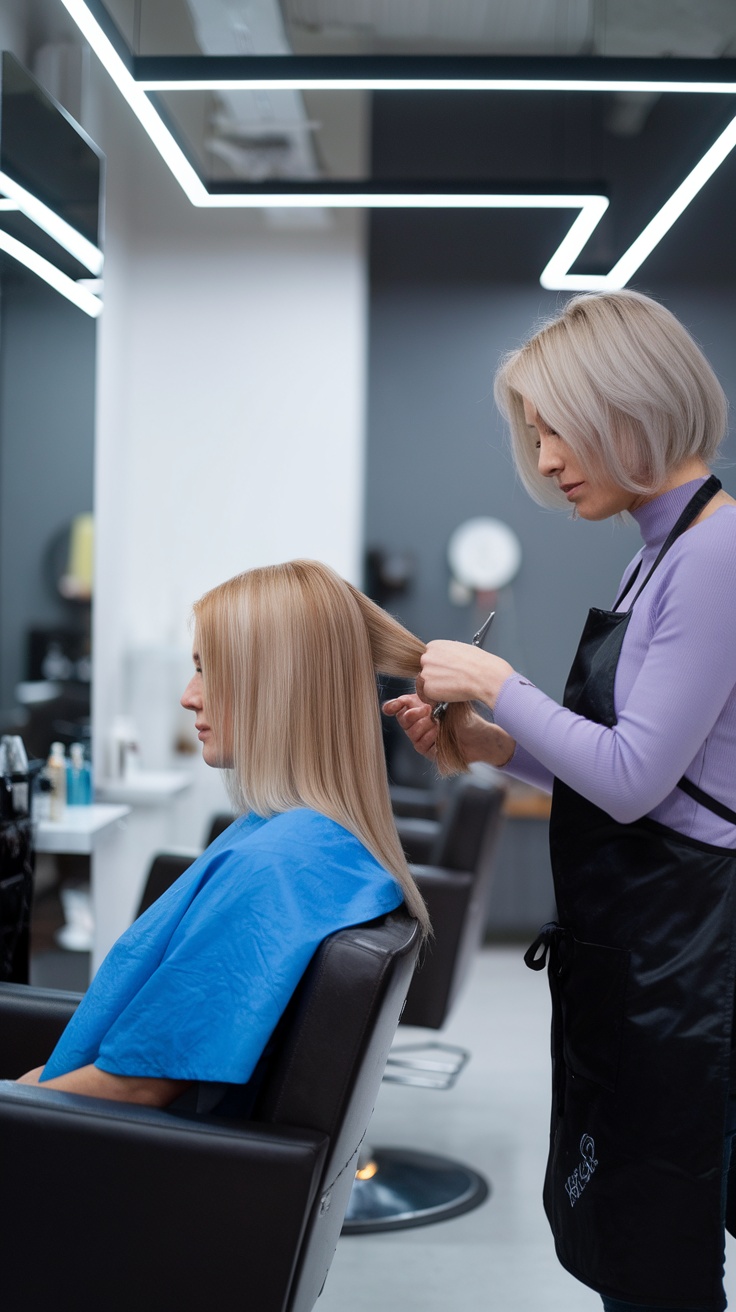 A stylist trimming a woman's hair in a modern salon setting.