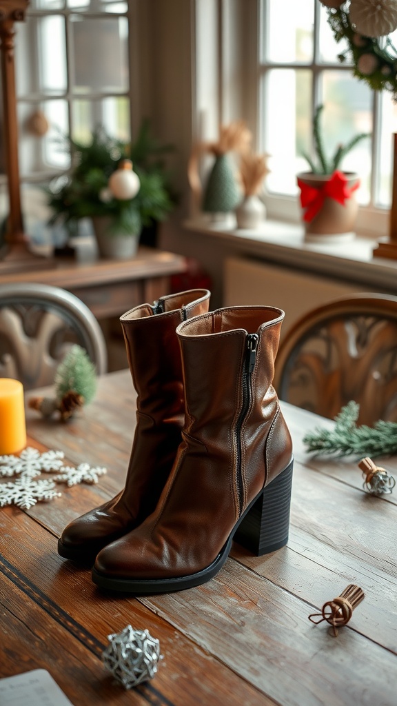 A pair of brown retro chunky heel boots on a rustic wooden table with winter decor.