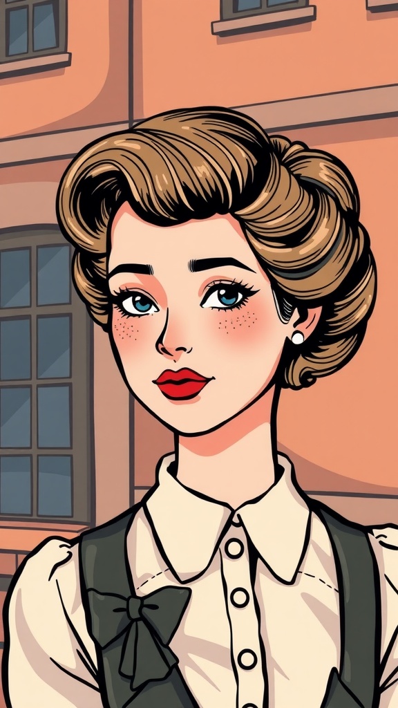 A woman with Retro Victory Rolls hairstyle, bright red lips, and a vintage outfit.