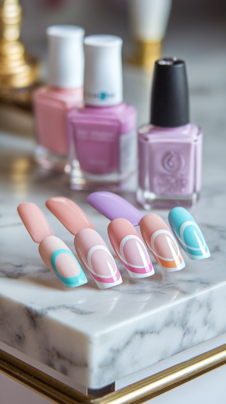 A display of false nails showcasing various reverse French tip designs in pastel and vibrant colors on a marble surface.