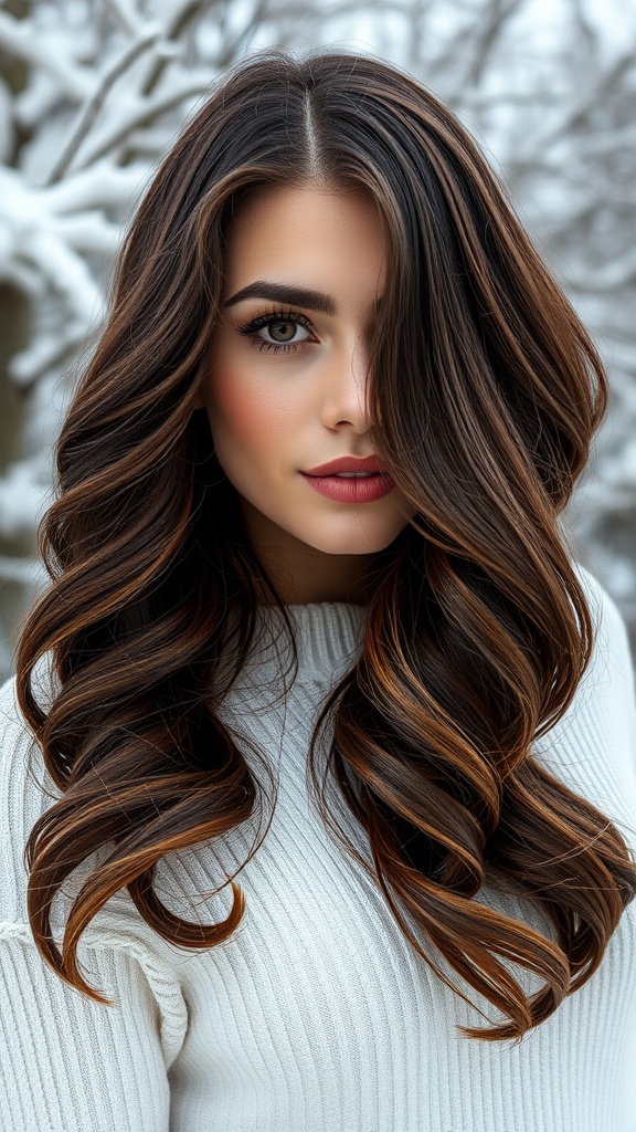 A woman with rich chocolate brown hair styled in soft waves, standing against a snowy background.