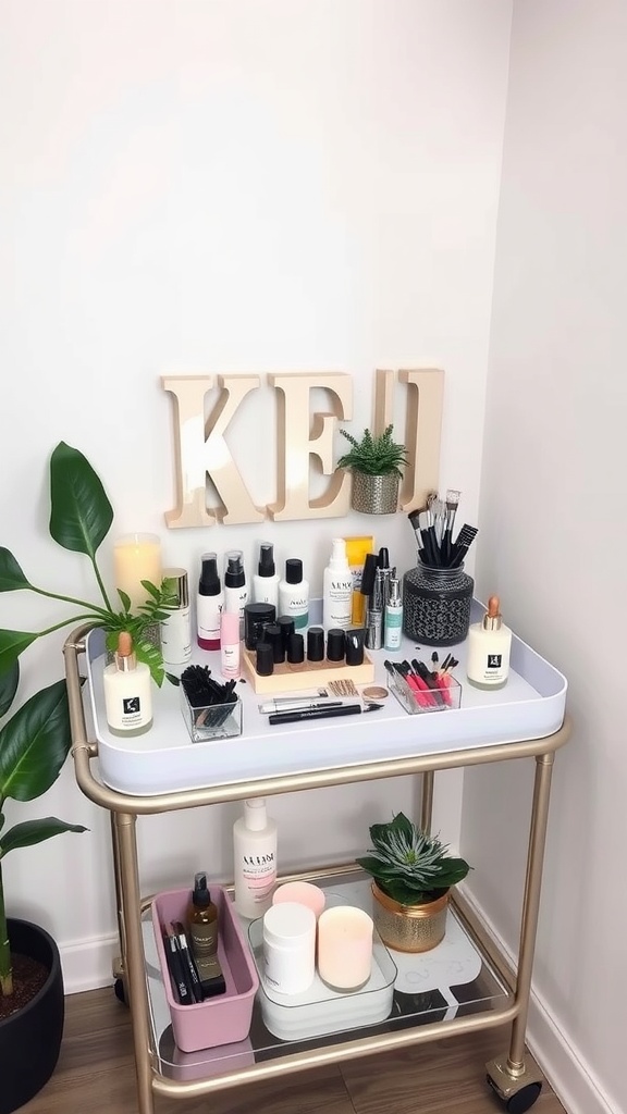 A stylish rolling cart beauty bar featuring organized skincare and makeup products